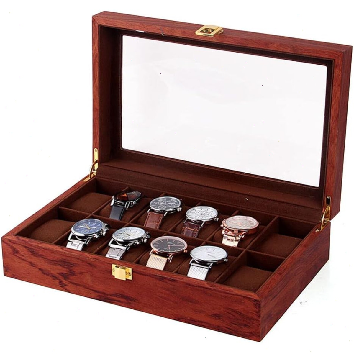 Watch Display Case Glass Top 12 Slots - صندوق ساعات خشبي بـ 12 فتحة