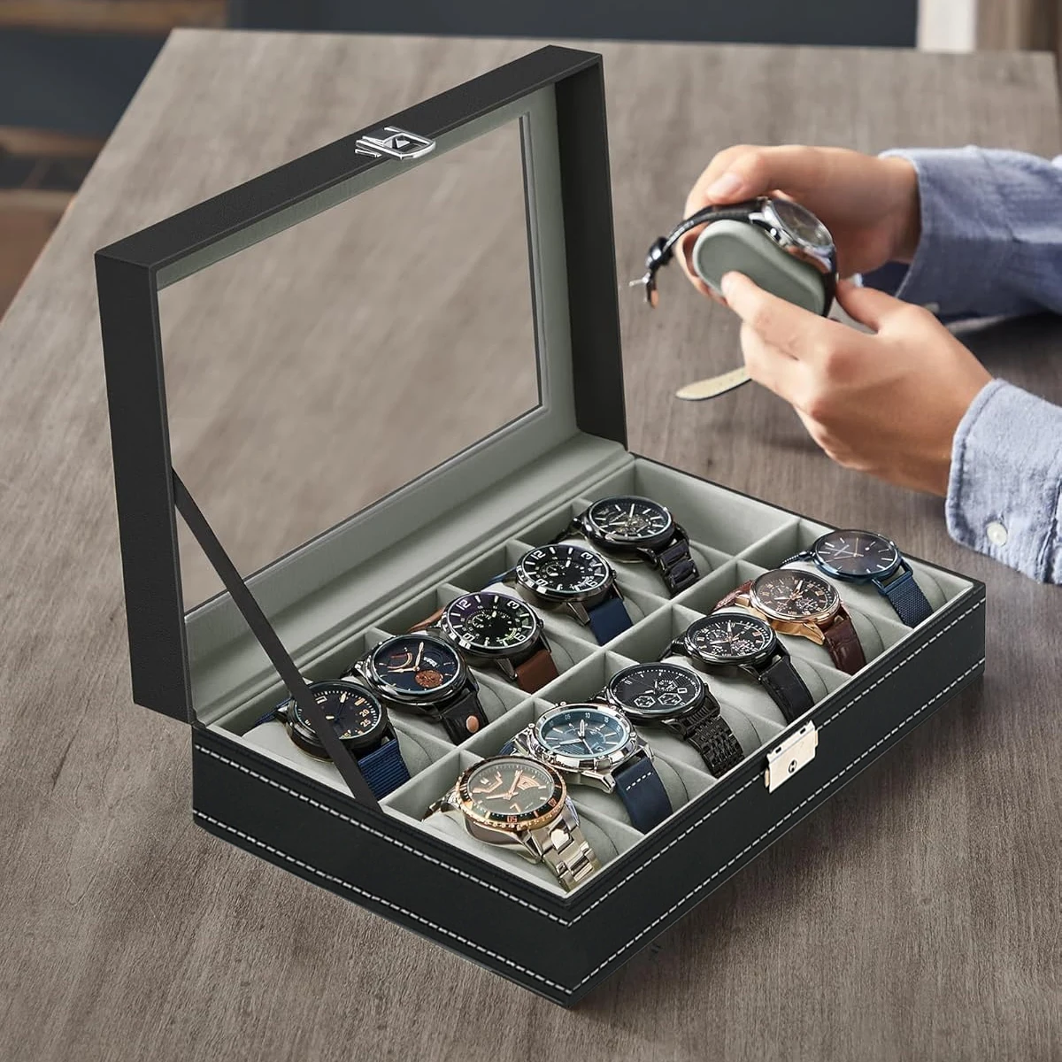 Watch Display Case Glass Top 12 Slots - بو الجلود ووتش مربع 2/3/4/5/6/8/10/12 فتحات