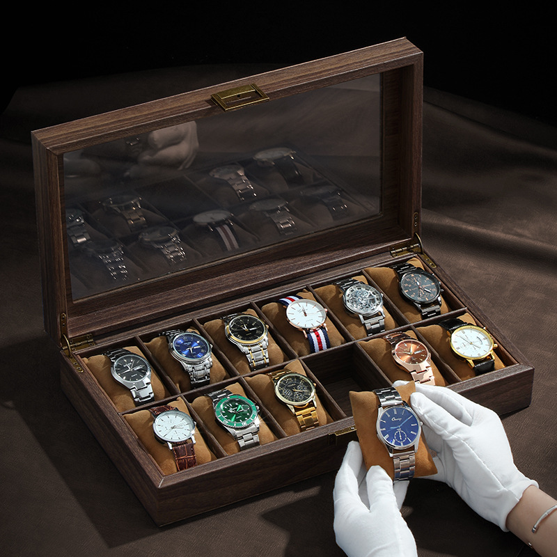 Watch Display Case Glass Top 12 Slots - صندوق ساعة من الجلد الخشبي العتيق