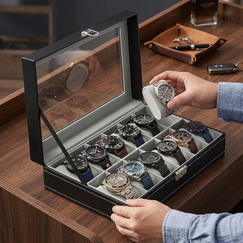 Watch Display Case Glass Top 12 Slots - منظم ساعات من جلد البولي يوريثان
