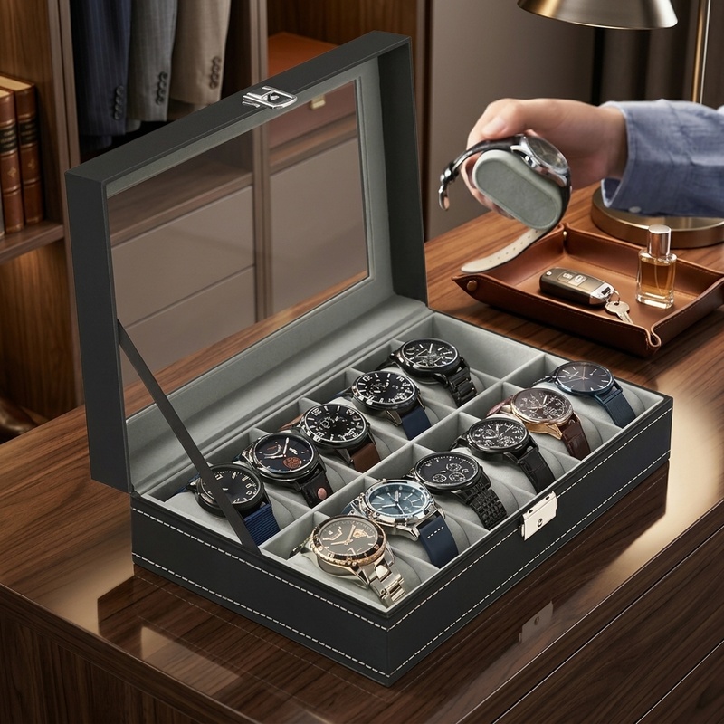 Watch Display Case Glass Top 12 Slots - علبة ساعات من جلد البولي يوريثان
