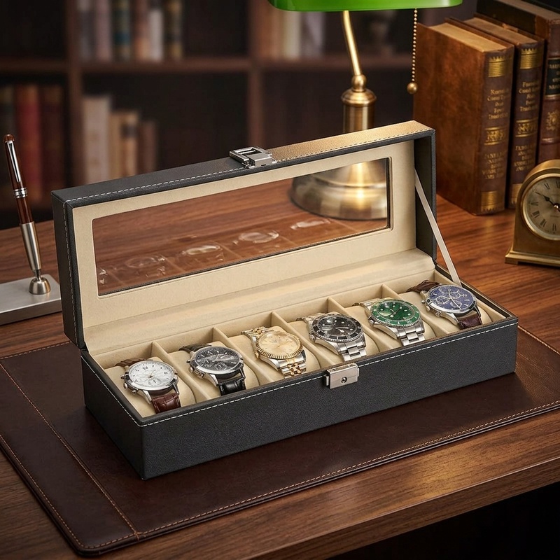Watch Display Case Glass Top 12 Slots - علبة ساعات من جلد البولي يوريثان