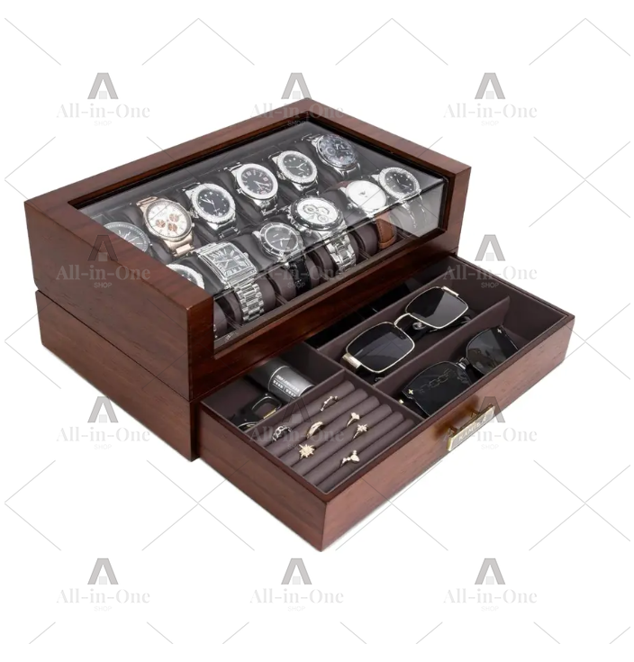 Watch Display Case Glass Top 12 Slots - صندوق ساعات خشبي بـ 12 فتحة