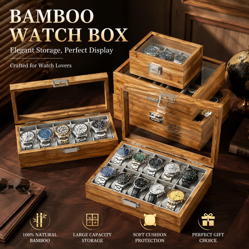 Watch Display Case Glass Top 12 Slots - صندوق عرض ساعات خشبي فاخر من