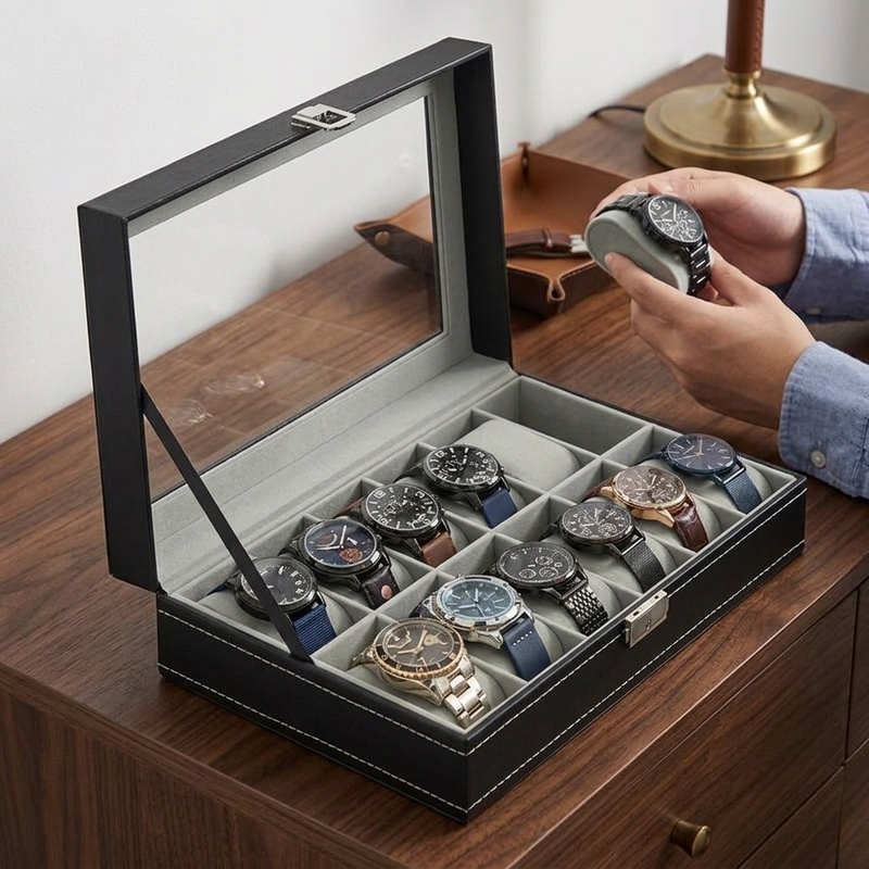 علبة ساعات من الجلد الصناعي، ت - مراجعة Watch Display Case Glass Top 12 Slots وسعره