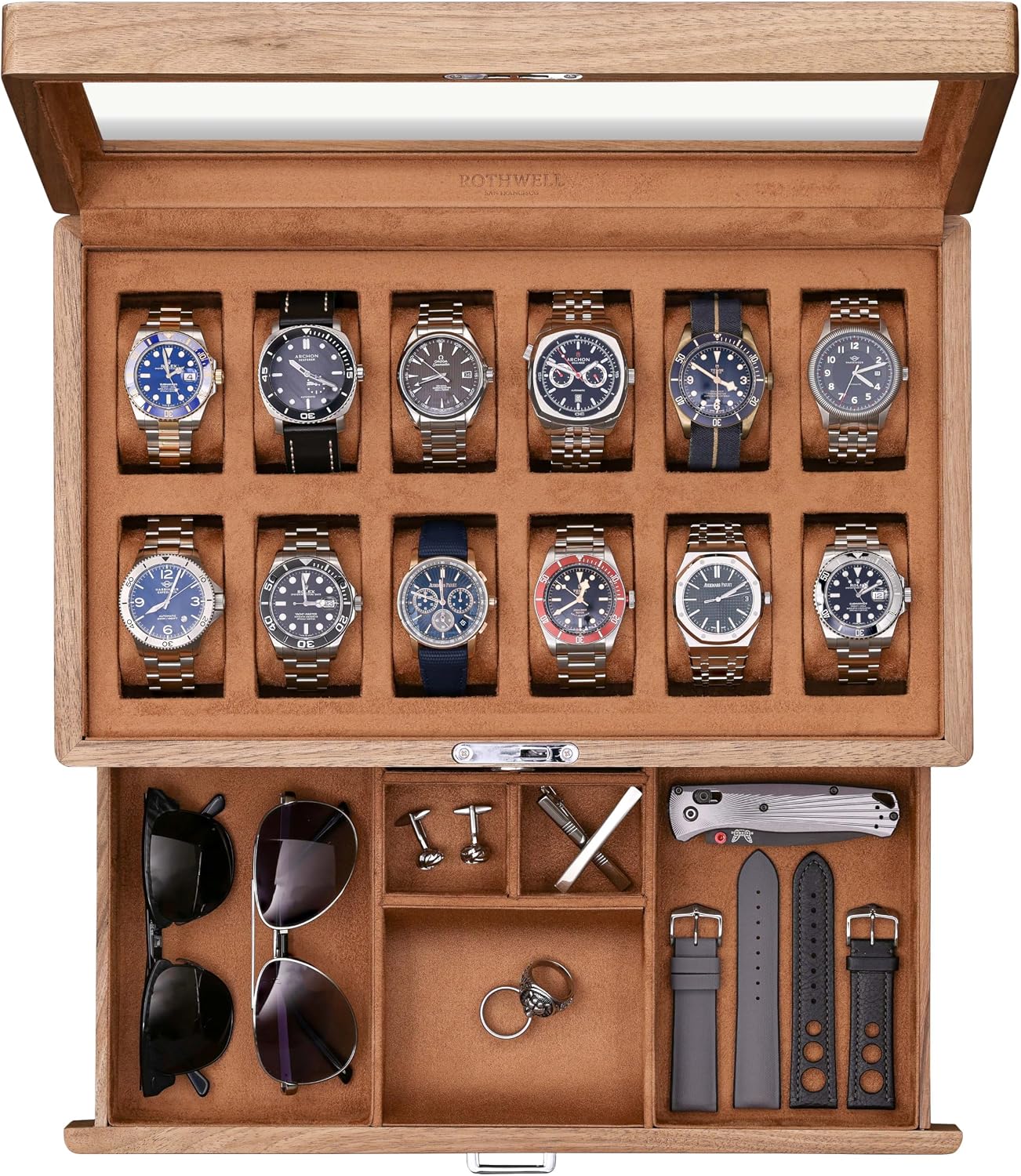 صندوق ساعات من خشب الجوز الصلب - مراجعة Watch Display Case Glass Top 12 Slots وسعره