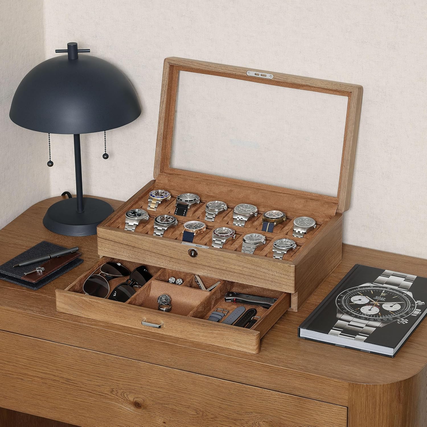 صندوق ساعات من خشب الجوز الصلب - مراجعة Watch Display Case Glass Top 12 Slots وسعره