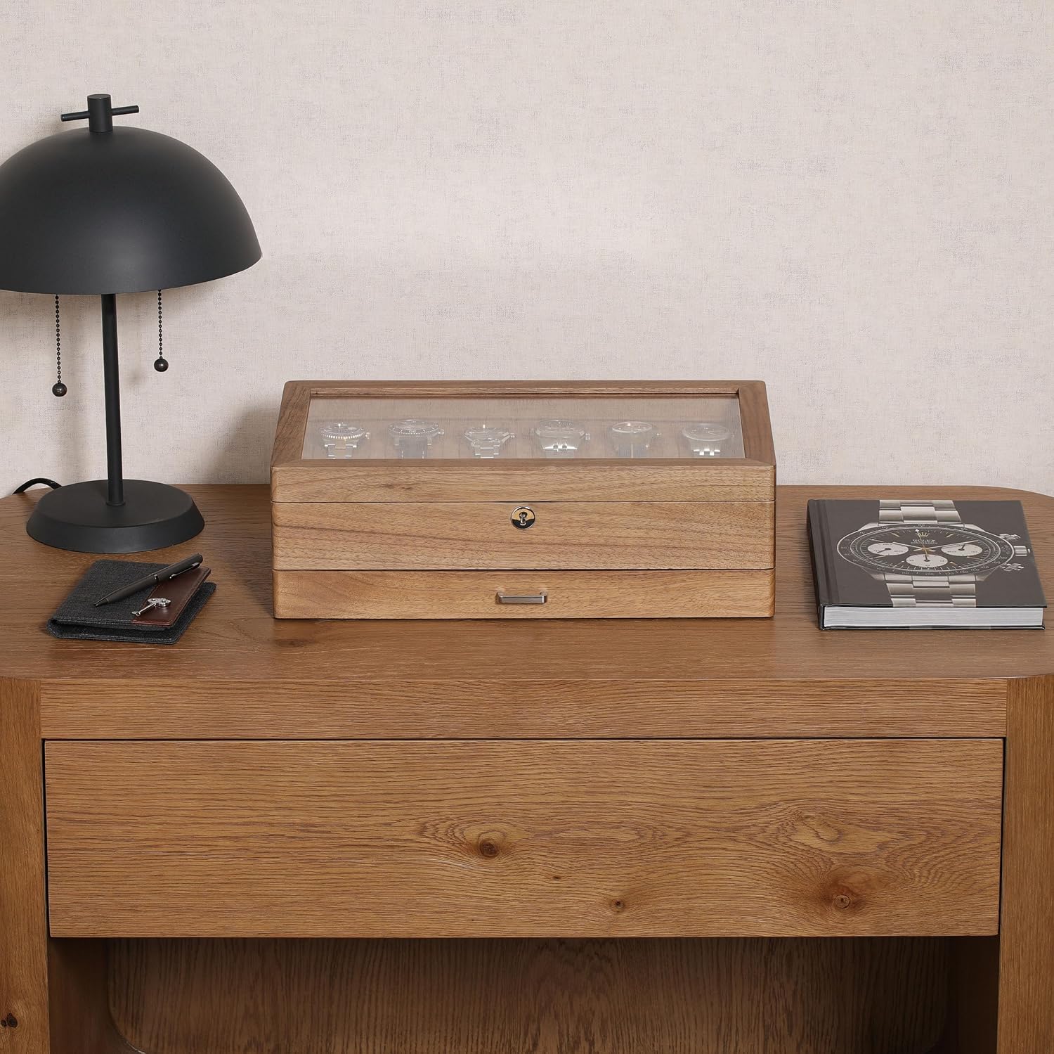 صندوق ساعات من خشب الجوز الصلب - مراجعة Watch Display Case Glass Top 12 Slots وسعره