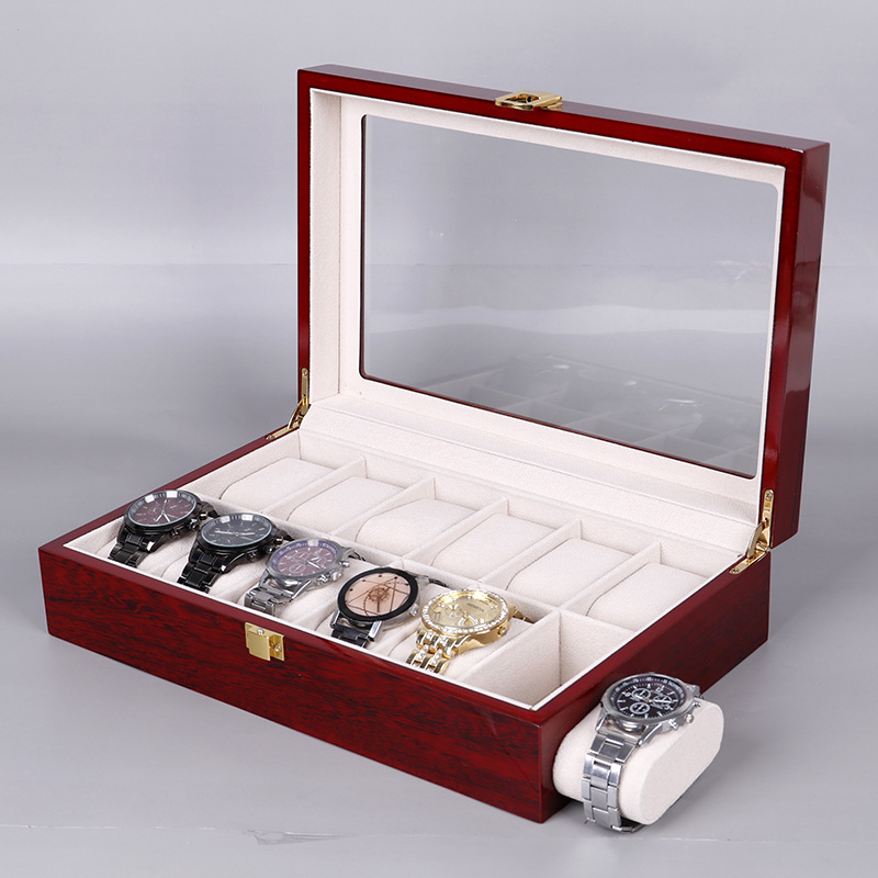 صندوق تخزين مجوهرات خشبي مع طل - مراجعة Watch Display Case Glass Top 12 Slots وسعره
