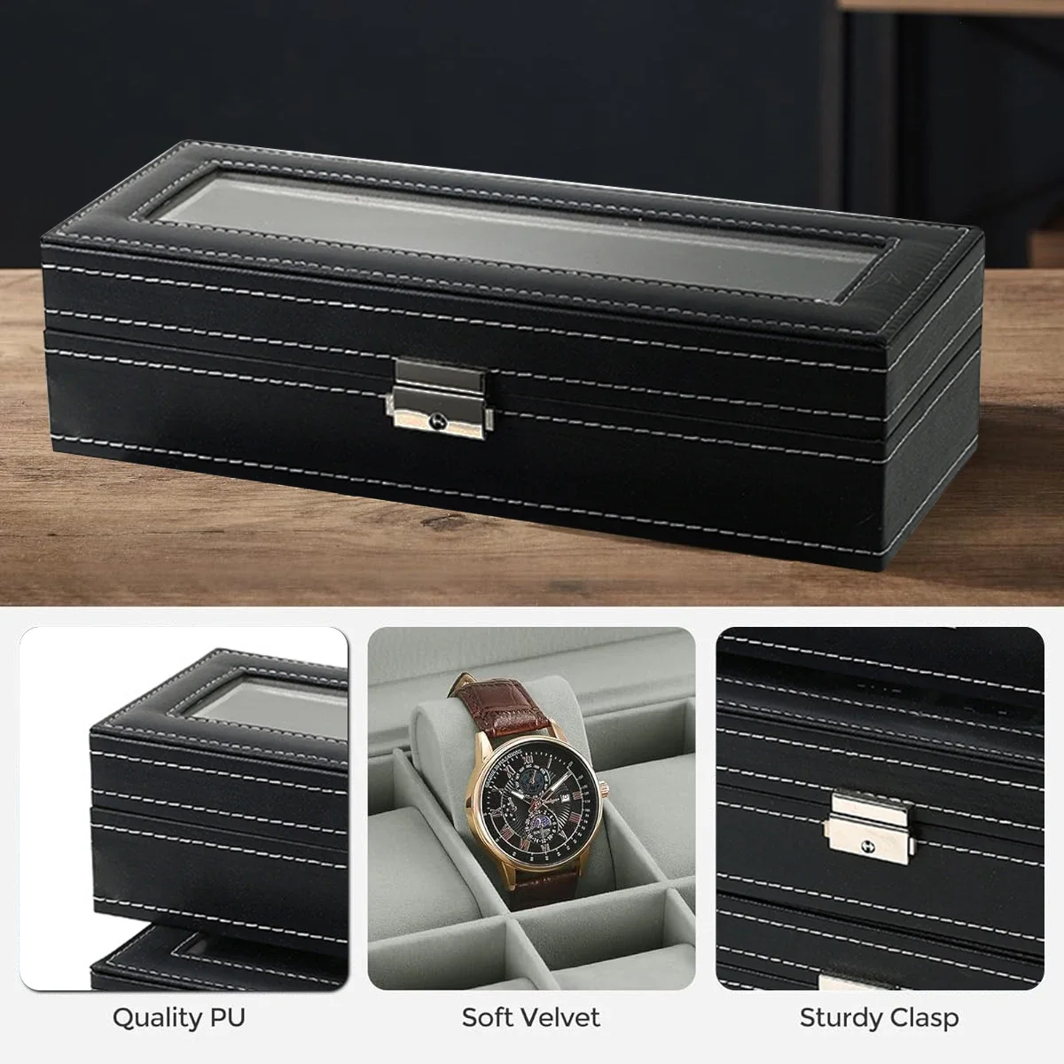صندوق ساعات من الجلد الصناعي ب - مراجعة Watch Display Case Glass Top 12 Slots وسعره