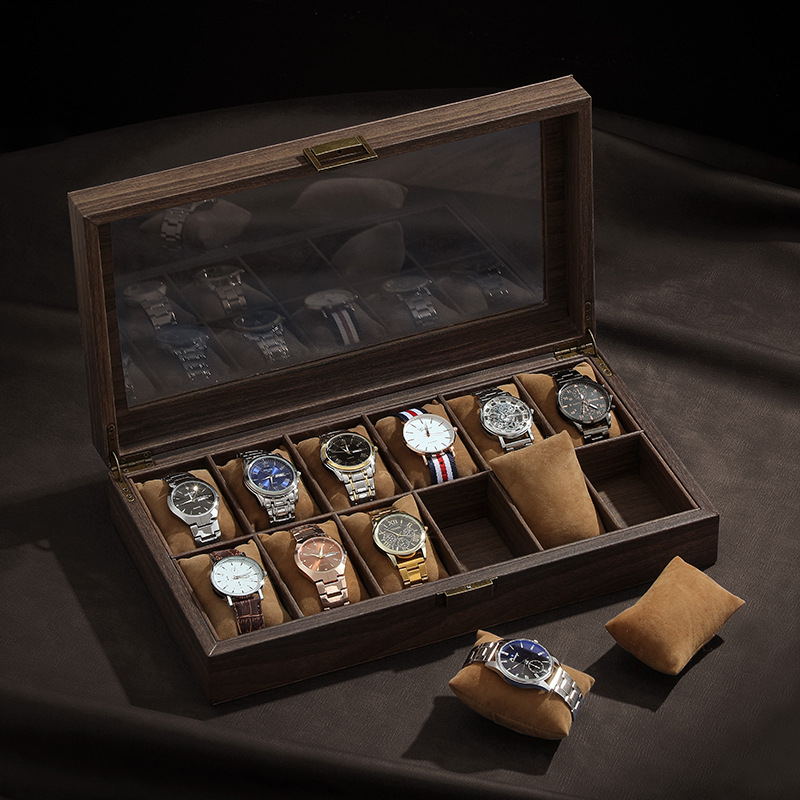 صندوق ساعة من الجلد الخشبي الع - مراجعة Watch Display Case Glass Top 12 Slots وسعره