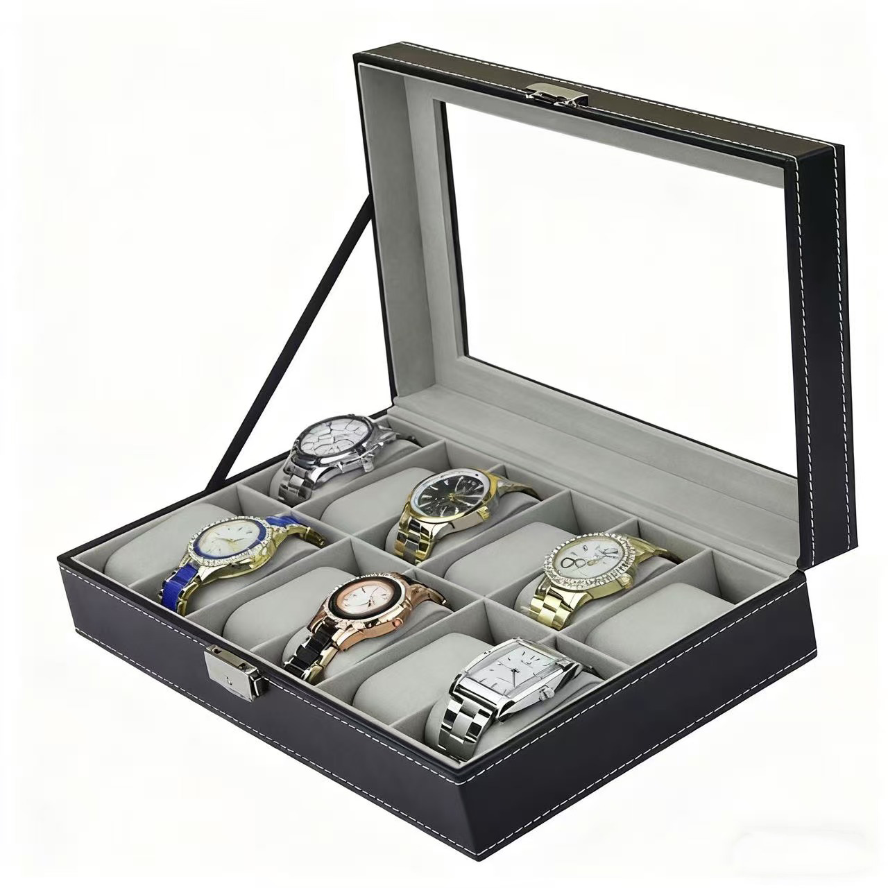 بو الجلود ووتش مربع 6/10/12 فت - مراجعة Watch Display Case Glass Top 12 Slots وسعره