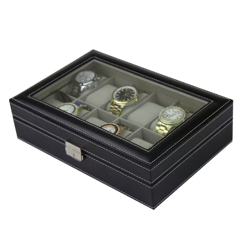 بو الجلود ووتش مربع 6/10/12 فت - مراجعة Watch Display Case Glass Top 12 Slots وسعره