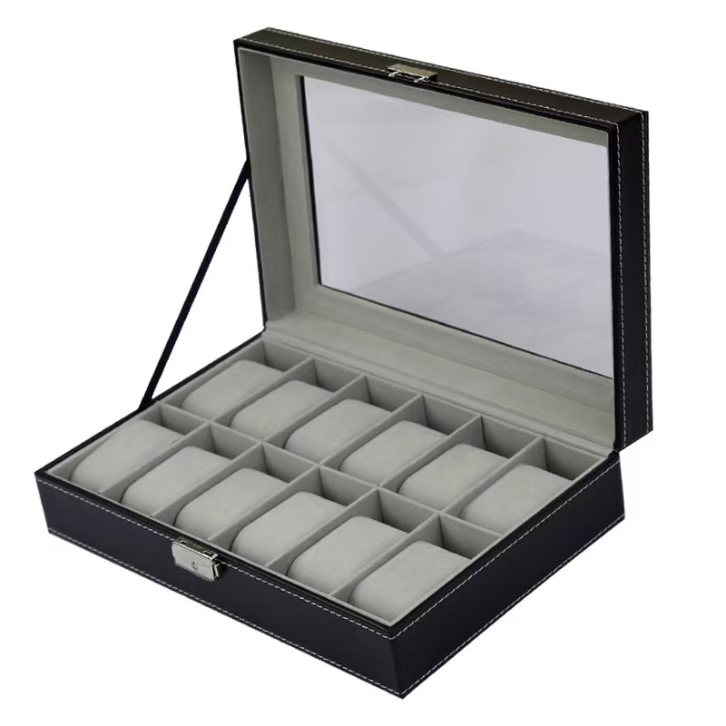 بو الجلود ووتش مربع 6/10/12 فت - مراجعة Watch Display Case Glass Top 12 Slots وسعره