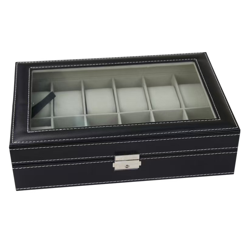 بو الجلود ووتش مربع 6/10/12 فت - مراجعة Watch Display Case Glass Top 12 Slots وسعره