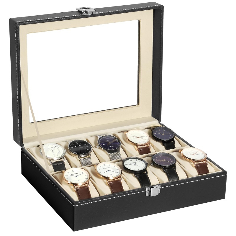 2/3/6/10/12 فتحة بولي Leather  - مراجعة Watch Display Case Glass Top 12 Slots وسعره
