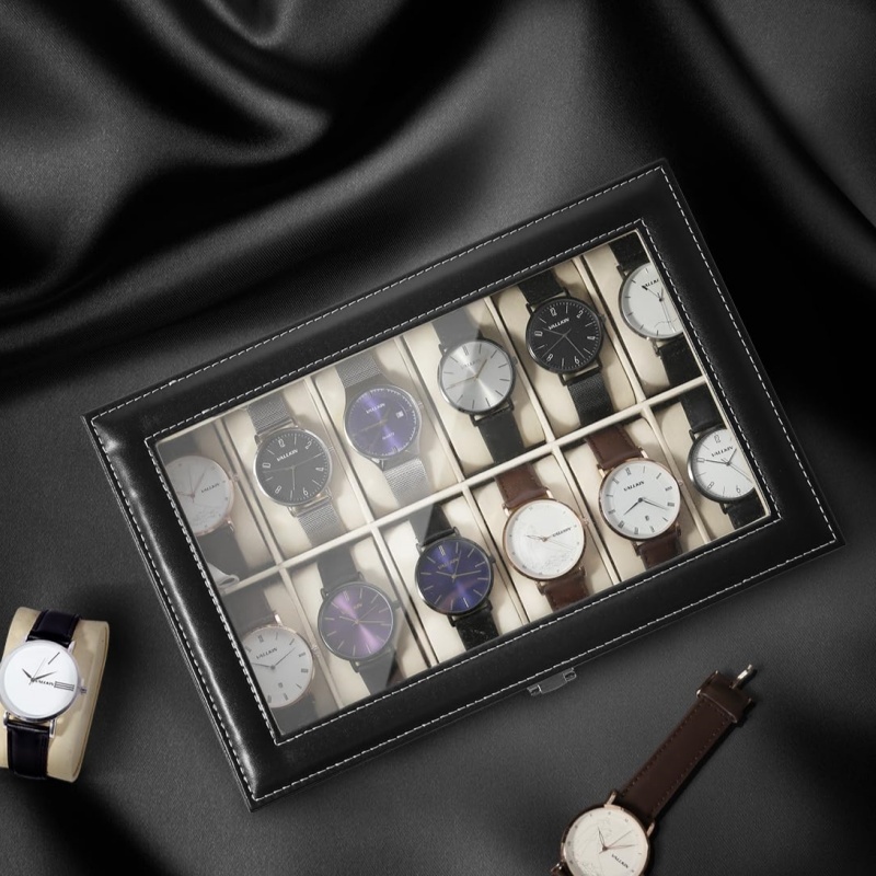 2/3/6/10/12 فتحة بولي Leather  - مراجعة Watch Display Case Glass Top 12 Slots وسعره