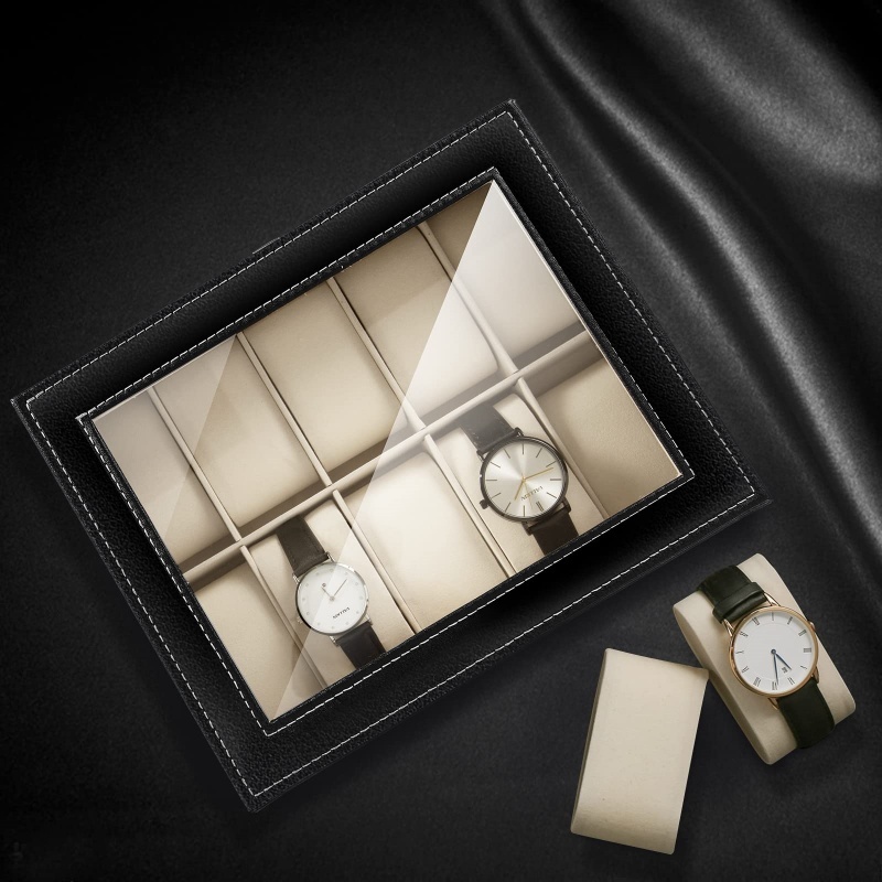 2/3/6/10/12 فتحة بولي Leather  - مراجعة Watch Display Case Glass Top 12 Slots وسعره