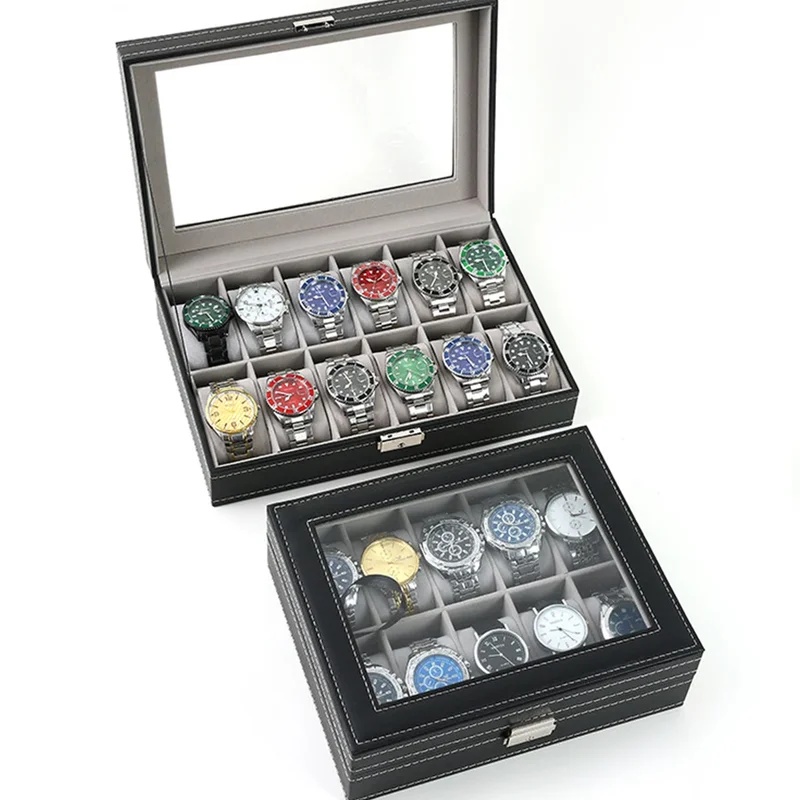 علبة ساعات من جلد البولي يوريث - مراجعة Watch Display Case Glass Top 12 Slots وسعره