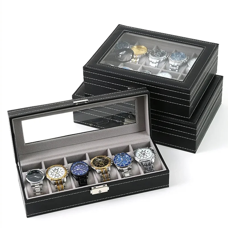 علبة ساعات من جلد البولي يوريث - مراجعة Watch Display Case Glass Top 12 Slots وسعره