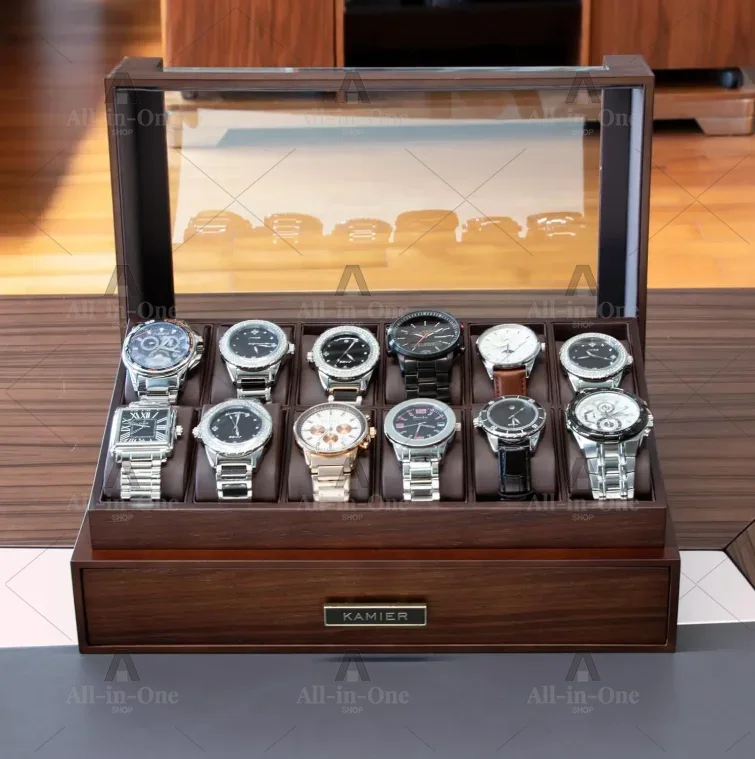 صندوق ساعات خشبي بـ 12 فتحة مع - مراجعة Watch Display Case Glass Top 12 Slots وسعره