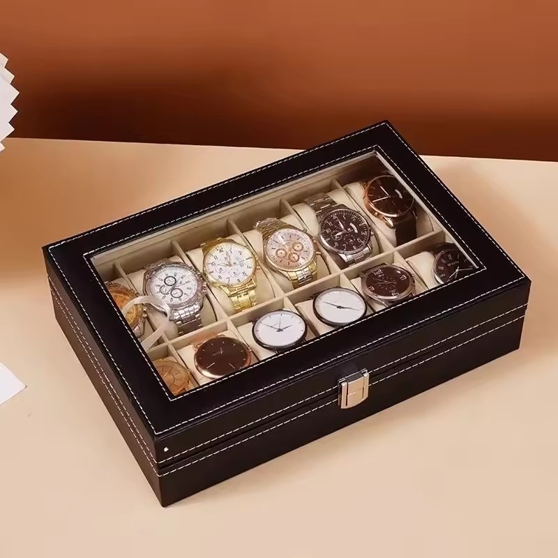 2/3/6/10/12 فتحة بولي Leather  - مراجعة Watch Display Case Glass Top 12 Slots وسعره
