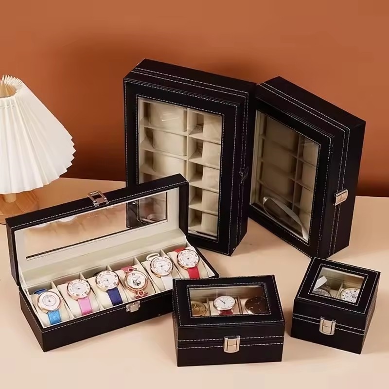 2/3/6/10/12 فتحة بولي Leather  - مراجعة Watch Display Case Glass Top 12 Slots وسعره
