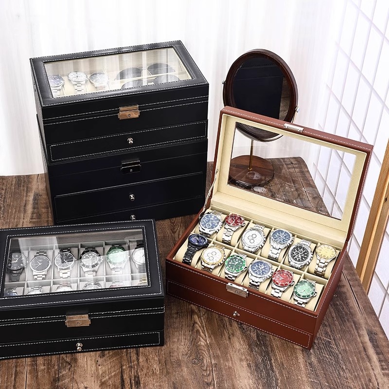 صندوق ساعات من الجلد الصناعي ب - مراجعة Watch Display Case Glass Top 12 Slots وسعره